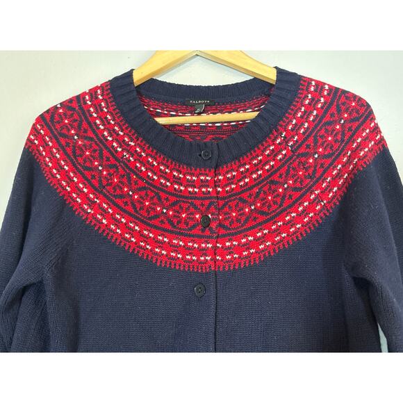 Talbot Lambswool Lambs Wool Fair Isle Cardigan Sweater Medium Navy Blue Nordic - Picture 4 of 7